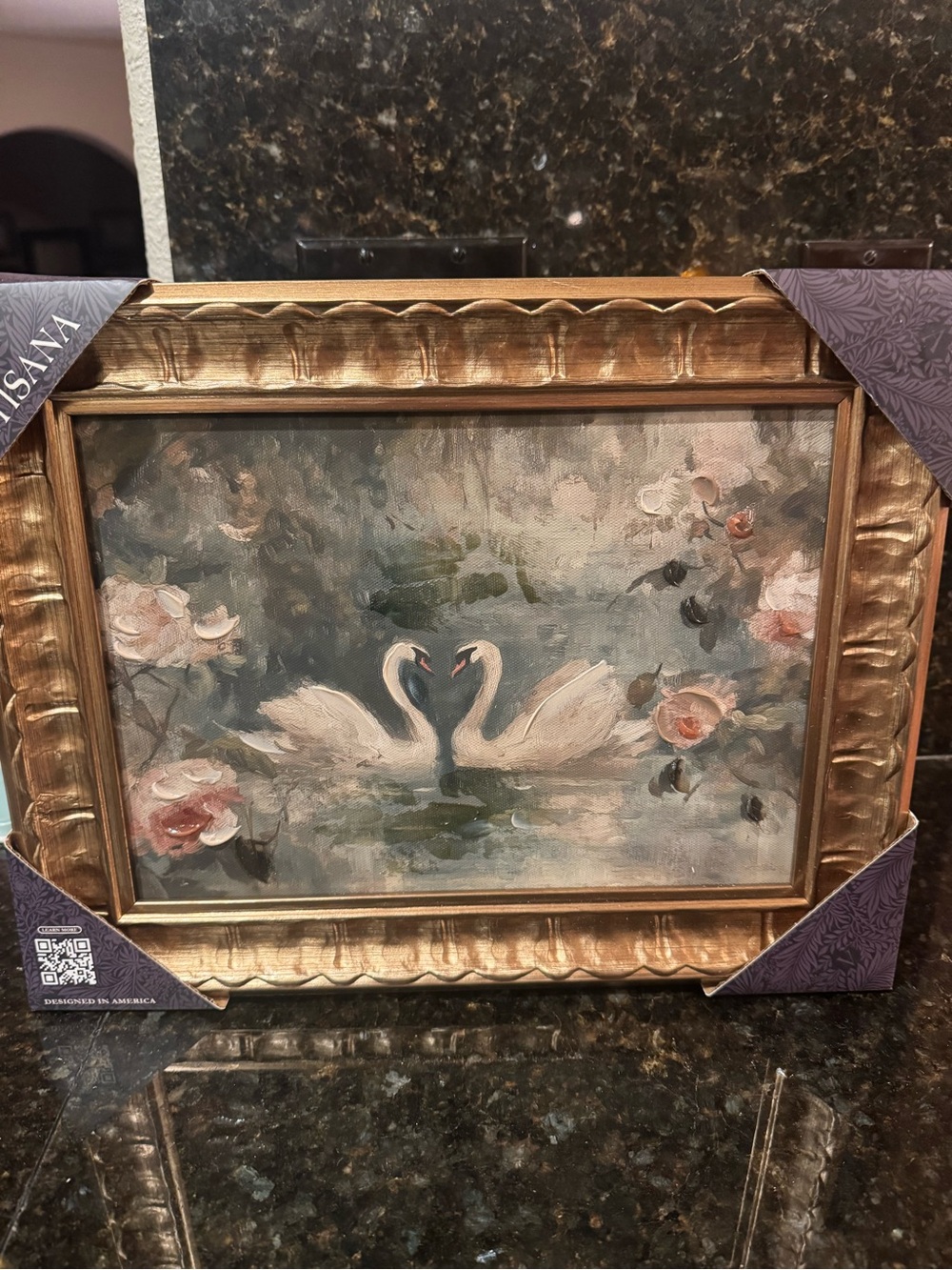 Framed Swan Artwork in White, Pink, Gold and Blue Tones